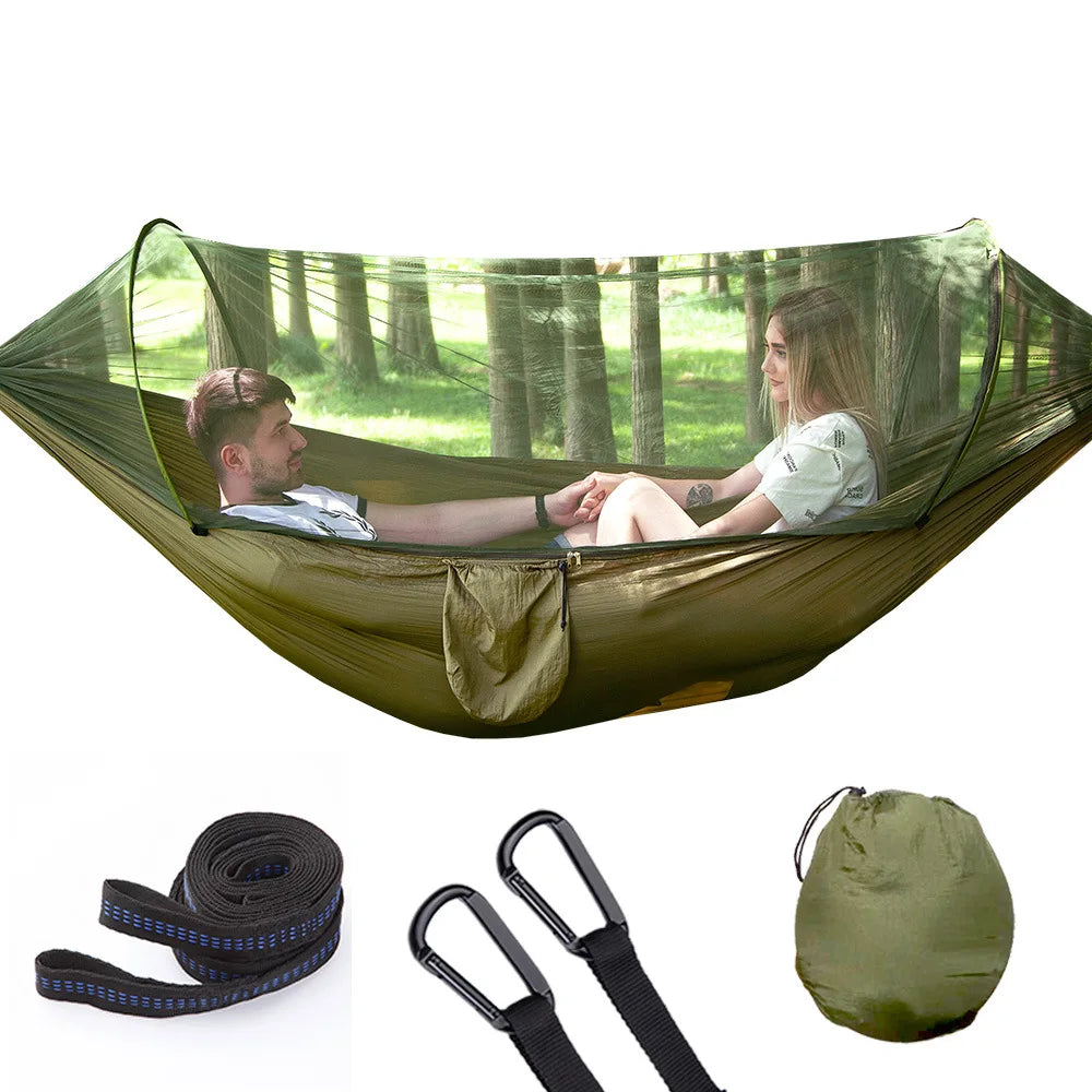 Fullautomatisk snabböppnande hängmatta med myggnät – utomhus enkel och dubbel nylonhängmatta för camping